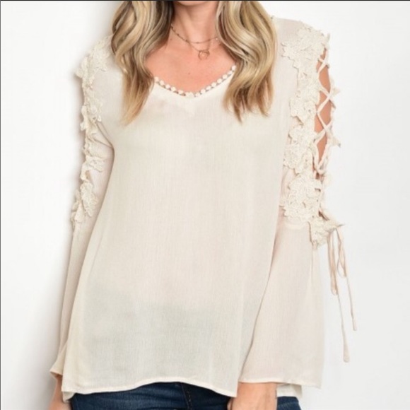 SOLD NWOT Corset Sleeve Ivory Crepe Blouse - Picture 2 of 8